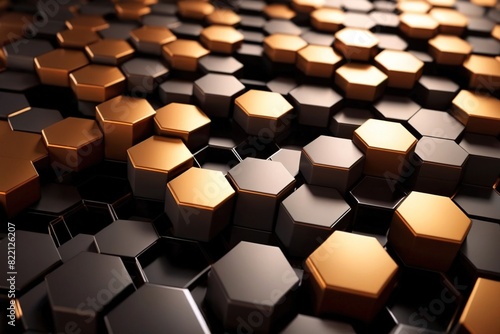 Abstract futuristic digital hexagon shapes in gold and black metal  wallpaper texture 