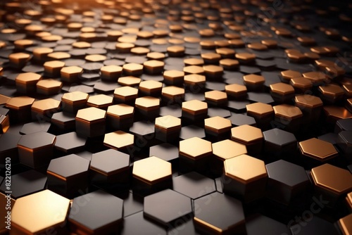 Abstract futuristic digital hexagon shapes in gold and black metal, wallpaper texture  © Kheng Guan Toh
