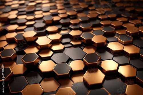 Abstract futuristic digital hexagon shapes in gold and black metal  wallpaper texture 