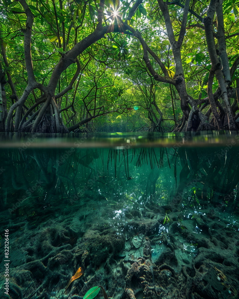 Obraz premium Enchanted Underwater Forest View, Concept for fantasy art, ecological awareness and serene natural environment background. World Oceans Day poster, banner