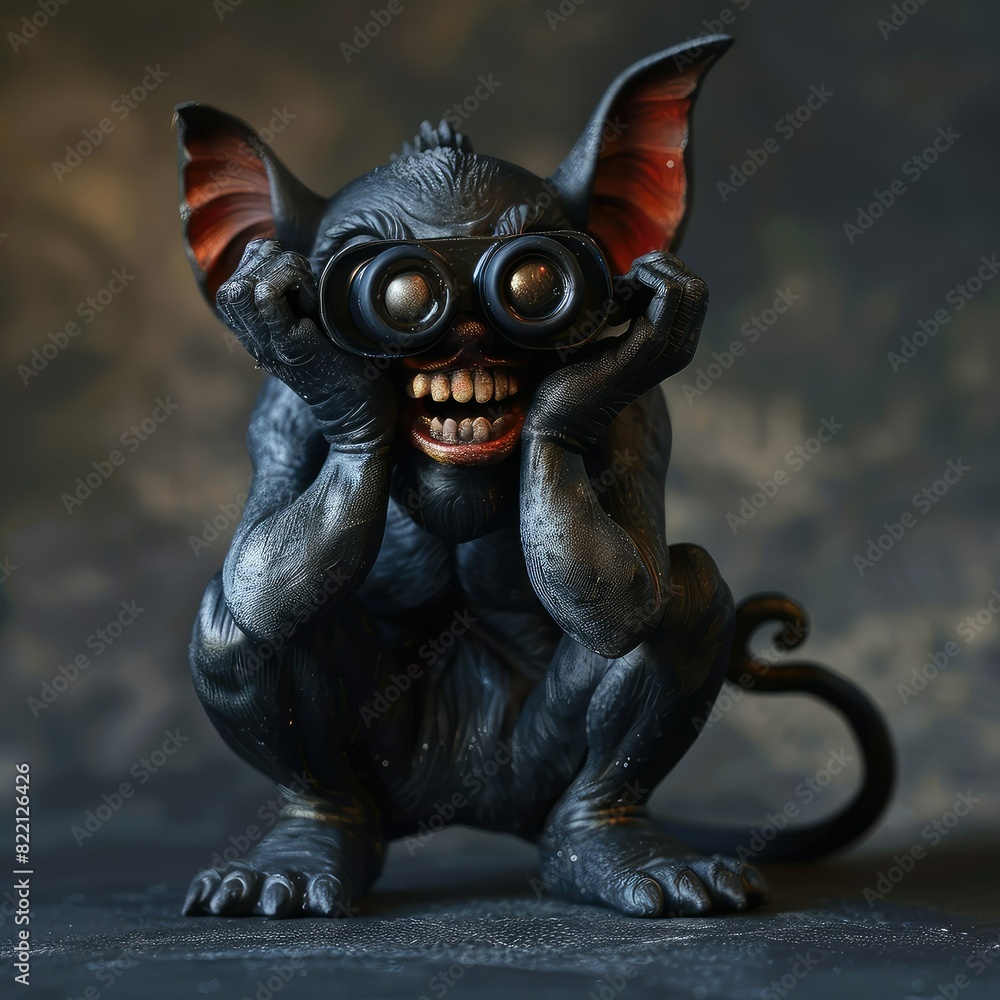 A sculpture of a gargoyle-like creature with large eyes and a toothy grin. A sculpture of a gargoyle-like creature with large eyes and a toothy grin.