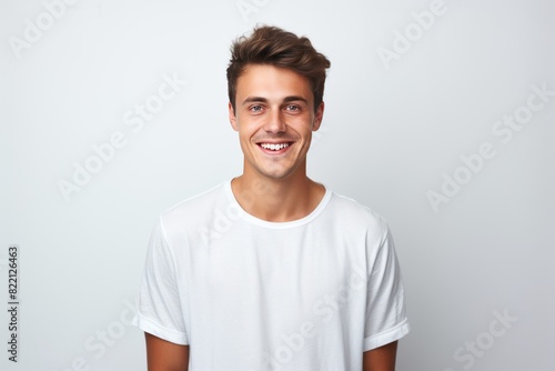 Silver background Happy european white man realistic person portrait of young beautiful Smiling man good mood Isolated on Background Banner with copyspace
