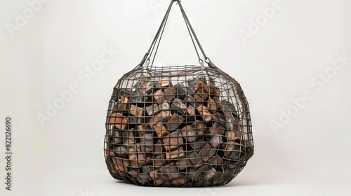 a large metal mesh bag filled with construction broken bricks hanging from the top. photo