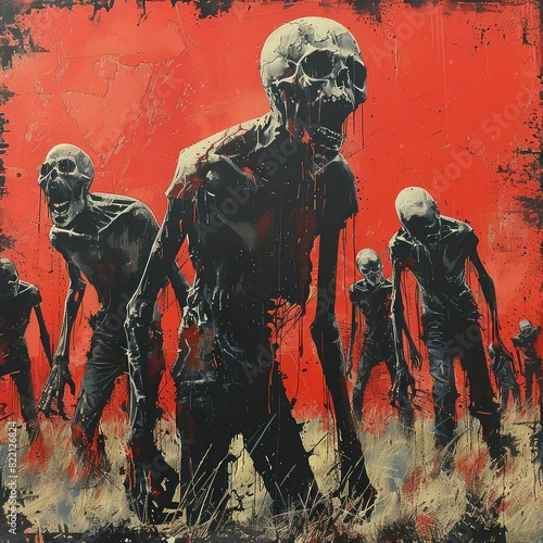 A group of zombies walk towards the viewer in a post-apocalyptic scene. photo