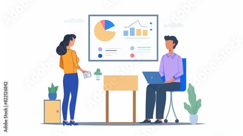 A performance review scene depicted in 2D flat style, with an HR professional providing feedback to an employee, underscoring the importance of constructive evaluations for individual growth. photo