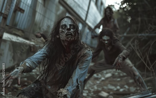 A group of zombies are walking towards the camera. They are all wearing tattered clothes and have pale, rotting skin. The zombies are all different ages and genders.