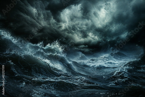 Stormy Ocean Waves Under Dark Cloudy Sky, dramatic, turbulent, sea, weather, nature, background, design template, cover image, marine, power, environment, World Oceans Day poster