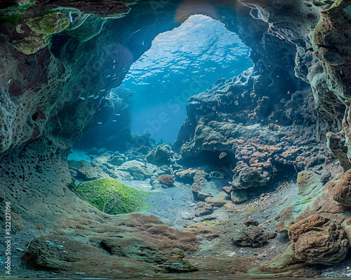 Underwater Cave with Coral and Sunlight Filtering Through, hidden marine world, vibrant ecosystem, design template, aquatic exploration, World oceans Day banner, background