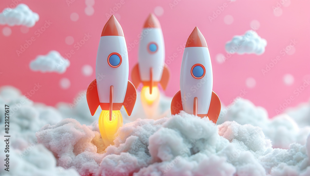 Multiple toy rockets soar through the sky in flight.