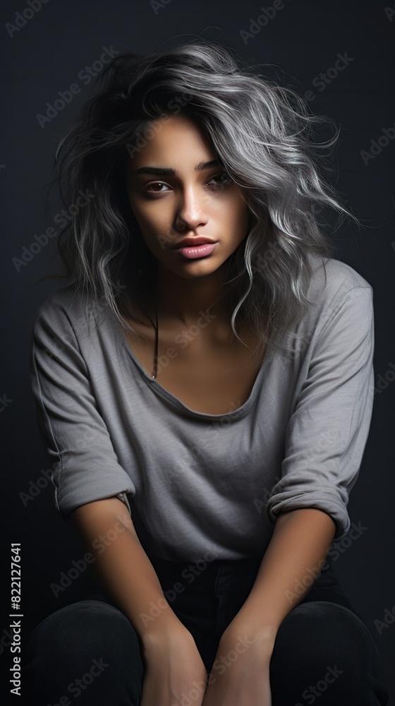 Silver background sad black independent powerful Woman. Portrait of young beautiful bad mood expression girl Isolated on Background racism skin color depression anxiety fear burn 