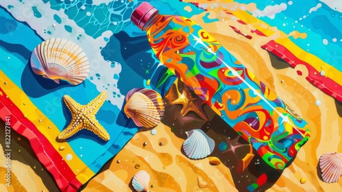 Colorful bottle and seashells on a beach towel for summer vibes and tropical design