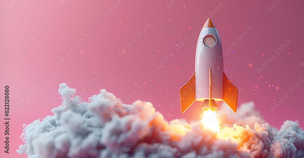 Fototapeta premium A rocket taking off into the sky against a pink background.