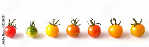 cherry tomatos in a row isolated on white background
