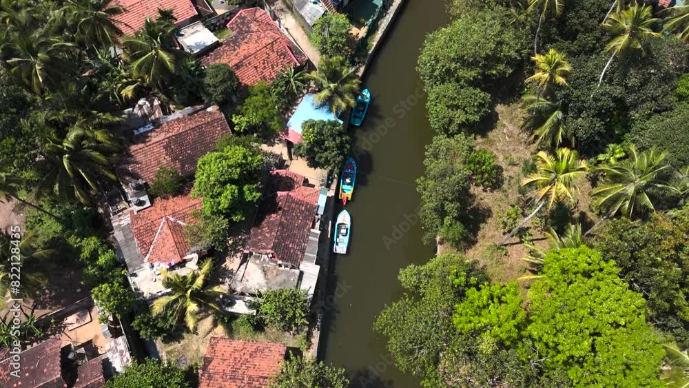 Aerial view of tropical canal with palm trees, houses, and boats along Hamilton Canal, Negombo, Sri Lanka. Aerial view of tropical canal with palm trees, houses, and boats along Hamilton Canal, Negombo, Sri Lanka.