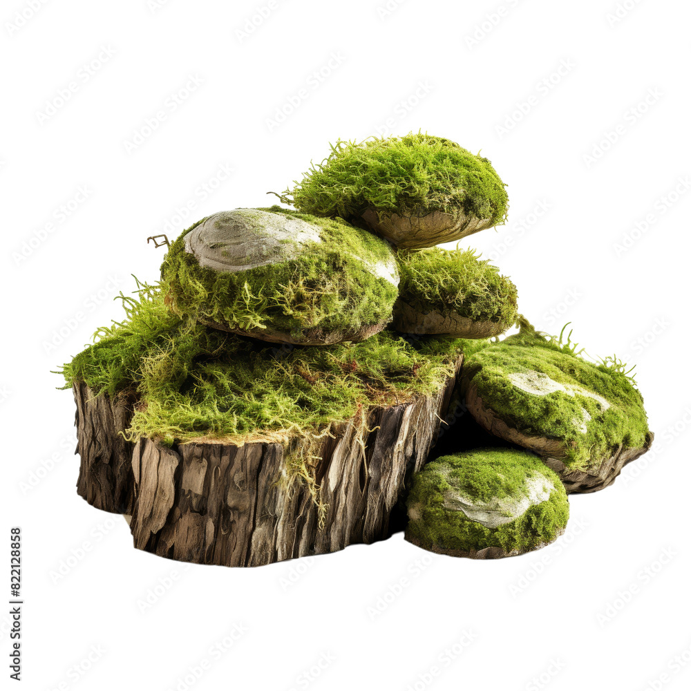 Moss-covered old tree stumps Isolated on transparent background, png, cut out. Moss-covered old tree stumps Isolated on transparent background, png, cut out.