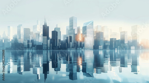 3D rendering of a city skyline with glass buildings.  Modern skyscrapers in a blue and black color palette.  Reflection on the water surface.  Urban architecture background.  Wide panoramic view.  