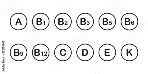 Set of black icons of a multivitamin complex, vitamin supplement A, B, C, D, E, B1, B2, B3, B5, B6, B9, B12.