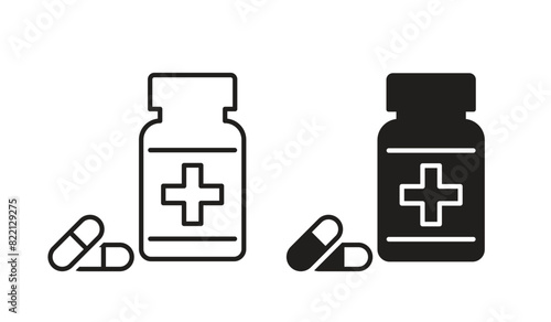 Set of pill bottle icons, bottle with a medical cross, isolated on a white background.