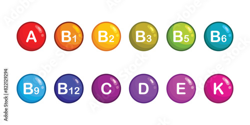 A set of icons of a multivitamin complex, vitamin supplement A, B, C, D, E, B1, B2, B3, B5, B6, B9, B12.