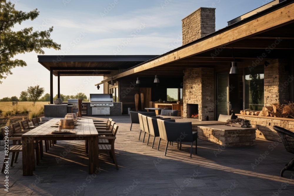 Smoke Rising from an Open-Air BBQ Restaurant with Rustic Wooden Furniture Under a Bright Sky