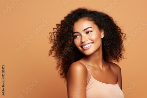 Tan background Happy black independant powerful Woman realistic person portrait of young beautiful Smiling girl Isolated on Background ethnic diversity 