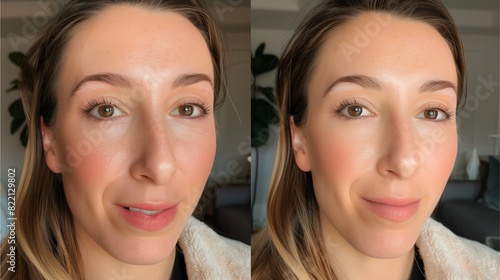 The before and after photos of a woman with makeup on her face Generative AI illustration.