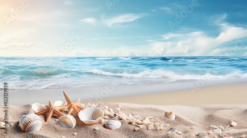 Serene beach scene with seashells on the sand, tranquil ocean waves, and a clear blue sky on a sunny day, ideal for summer tourism visuals.