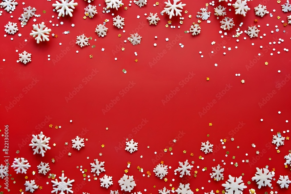 Red Background with White Snowflakes and Golden Particles Red Background with White Snowflakes and Golden Particles