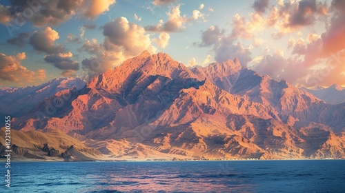 Mountain landscape of Tiran island in the Red Sea at sunset photo