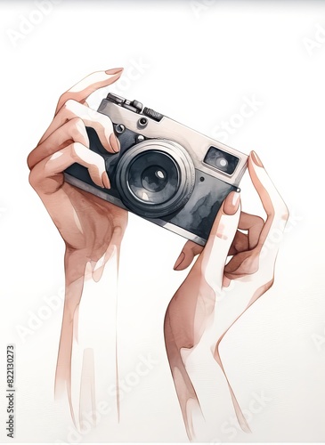 Watercolor illustration of hands holding a vintage camera, capturing the essence of photography with a minimalistic and artistic touch.