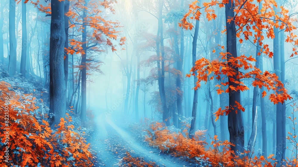 Beautiful mystical forest in blue fog in autumn. Colorful landscape with enchanted trees with orange and red leaves. Scenery with path in dreamy foggy forest