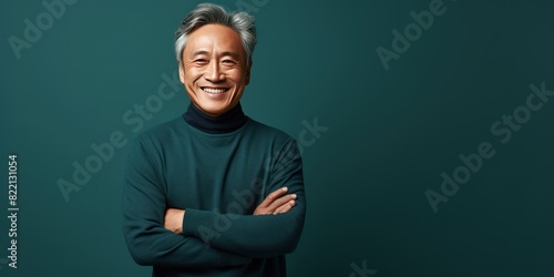Teal Background Happy asian man. Portrait of older mid aged person beautiful Smiling boy good mood Isolated on Background ethnic diversity equality acceptance concept with copyspace