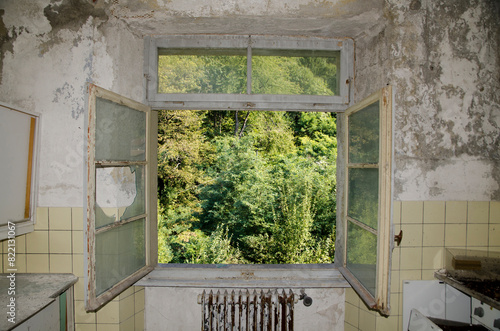 View over a Forest From an Abandoned Building Seen Through a Broken Window.