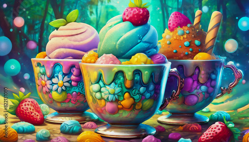 oil painting style cartoon illustration ice cream in cup for dessert, © stefanelo