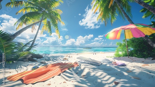 A pristine tropical beach with vibrant sun umbrellas, a beach towel, and sunglasses lying on the sand photo