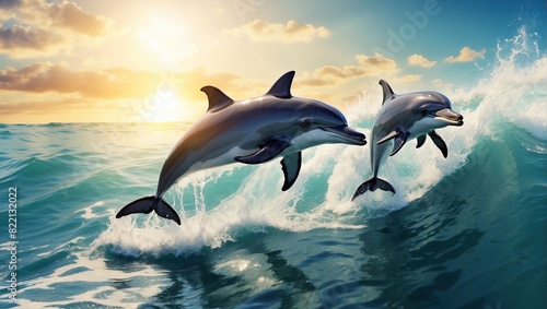 Two dolphins jumping out of the ocean with the sun rising in the background.  