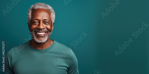 Teal Background Happy black american independant powerful man. Portrait of older mid aged person beautiful Smiling boy Isolated on Background ethnic diversity
