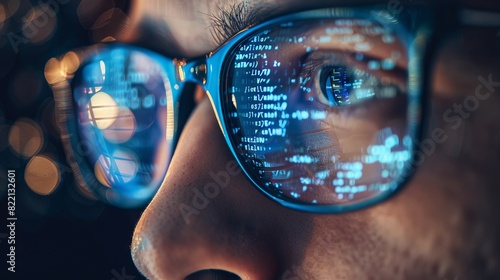 Data reflecting on eyeglasses on man's face. Computrer programmer big data and ux designer concept