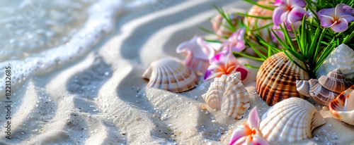 Seashells and flowers on sandy beach with ocean waves