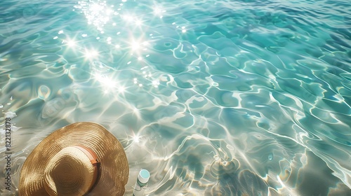 Sunlight reflecting off crystal-clear ocean waters  with a beach bag  sunscreen  and a straw hat on the shore