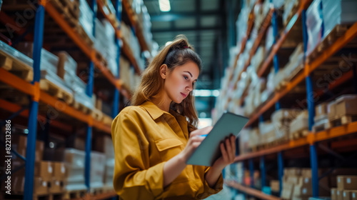 Young woman using digital tablet in warehouse, managing inventory