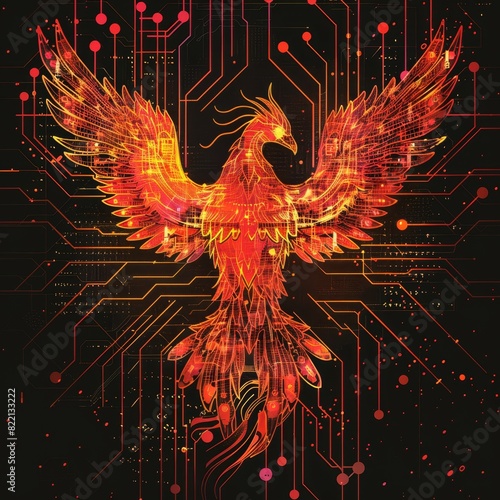 Artistic vector representation of a digital phoenix rising from circuitry ashes, symbolizing rebirth through technology