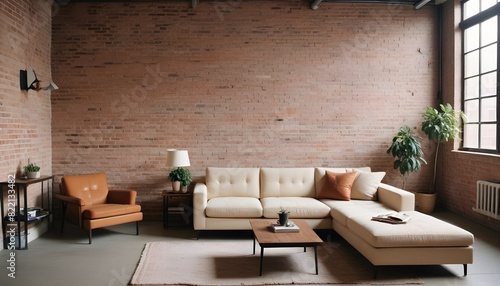 Apartment with brick wall and comfortable sofa