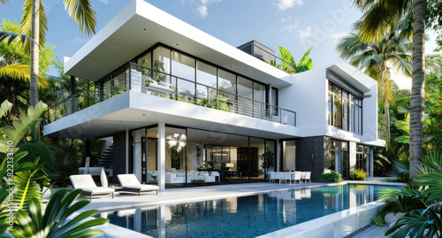 3d rendering of simple modern two story house with pool and outdoor dining area, palm trees, white walls, black accents, white floor tiles , green garden