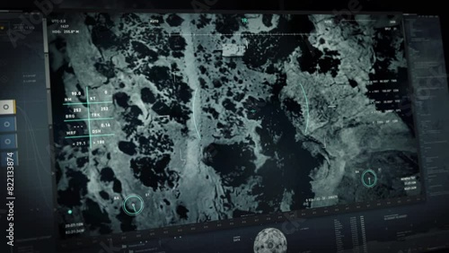 Military drone interface is scouting the selected area. Military drone interface is scanning the battlefield. Military drone interface has launched a deadly rocket attack at the enemy forces tank. UI.