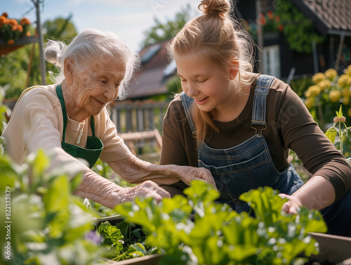 Wallpaper Mural A sunny morning in May, a little boy of three helps his grandmother of 65 plant basil, oregano, and spinach in her backyard Torontodigital.ca