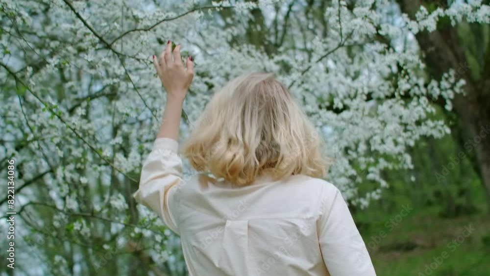 A charming blonde woman walking in the forest with blossom trees, a beauty theme. A charming blonde woman walking in the forest with blossom trees, a beauty theme.