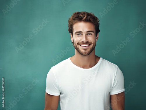 Teal background Happy european white man realistic person portrait of young beautiful Smiling man good mood Isolated on Background Banner with copyspace 