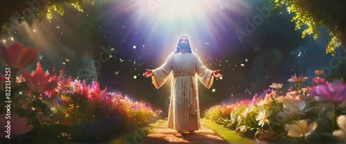 Jesus stands in the middle of the beauty of a fantasy flower garden under the light of heaven