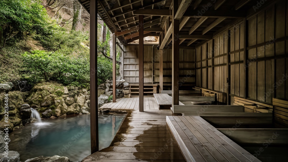 Onsen, landscape outdoor with nature, relaxation and calm rejuvenation, Japan style Onsen, landscape outdoor with nature, relaxation and calm rejuvenation, Japan style